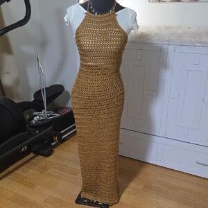 Chic Tan Crochet Maxi Dress